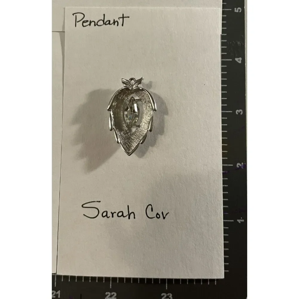 Vintage 1963 Sarah Coventry Crystal Navette Silver Tone Leaf Slide Pendant